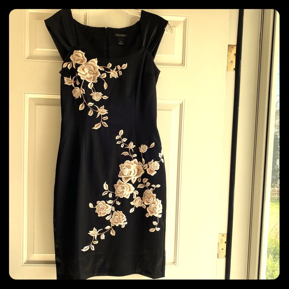 WHBM black silk dress with embroidered floral